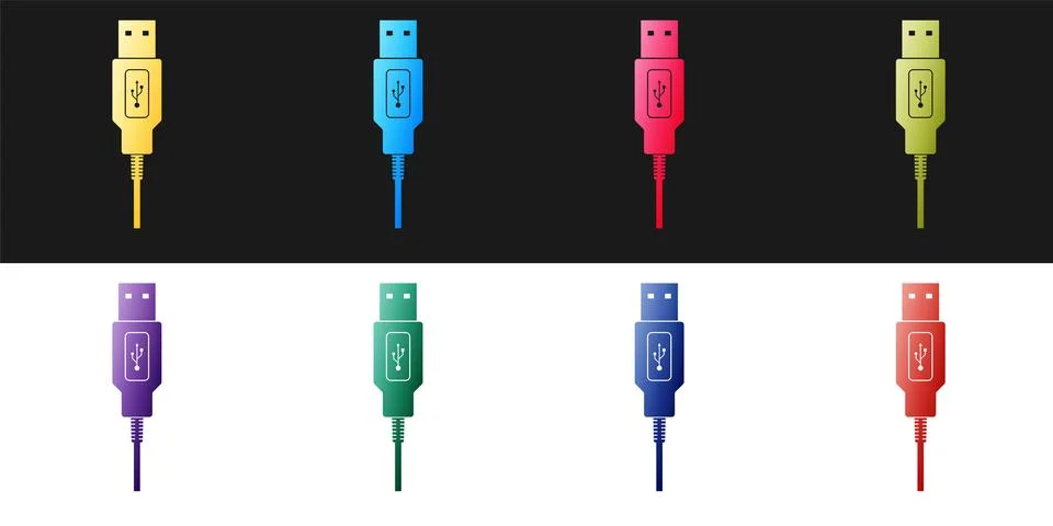 Set USB cable cord icon isolated on black and white background. Connectors and Illustrazione stock