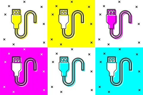Set USB cable cord icon isolated on color background. Connectors and socket.. Stock Illustration
