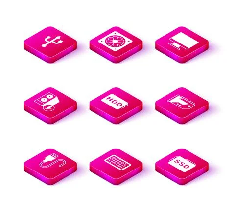 Set USB cable cord, Keyboard, Case of computer, Hard disk drive HDD, SSD card 스톡 일러스트