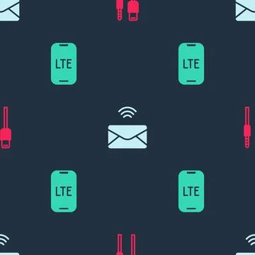 Set USB cable cord, Mail and e-mail and LTE network on seamless pattern. Vector Illustration