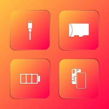 Set USB cable cord, Micro SD memory card, Battery and Mobile with broken screen Stock Illustration