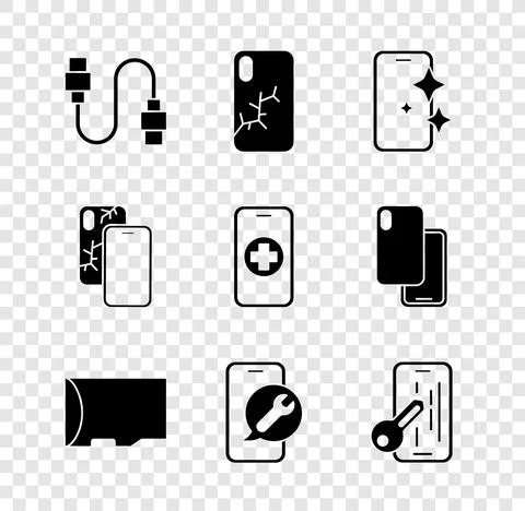 Set USB cable cord, Mobile with broken screen, Glass protector, Micro SD memory Stock Illustration