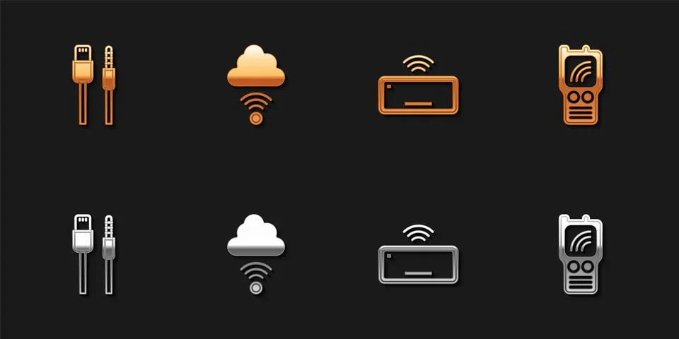 Set USB cable cord, Network cloud connection, Computer keyboard and Walkie Illustrazione stock