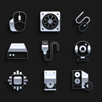 Set USB cable cord, Optical disc drive, Case of computer, Web camera, Processor 스톡 일러스트
