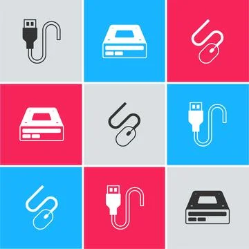 Set USB cable cord, Optical disc drive and Computer mouse icon. Vector Stock Illustration