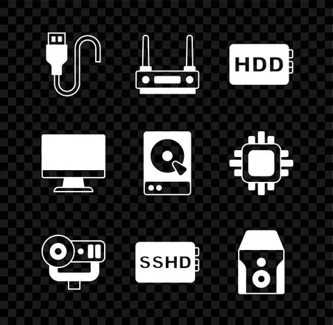 Set USB cable cord, Router and wi-fi signal, Hard disk drive HDD, Web camera Stockillustratie