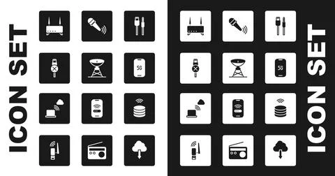 Set USB cable cord, Satellite dish, No usb, Router and wi-fi signal, Mobile with Stock Illustration