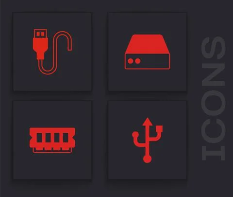 Set USB, cable cord, Server, Data, Web Hosting and RAM, random access memory Illustrazione stock