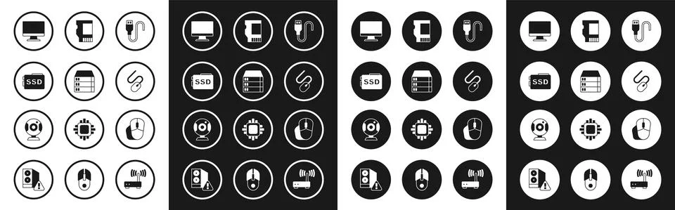 Set USB cable cord, Server, Data, Web Hosting, SSD card, Computer monitor screen Illustrazione stock