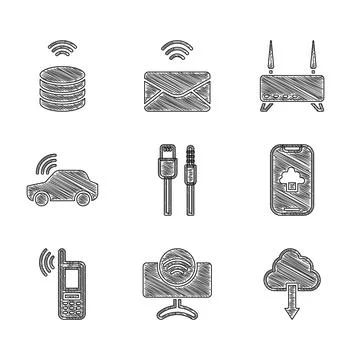 Set USB cable cord, Smart Tv system, Cloud download, technology data, Mobile Stock Illustration