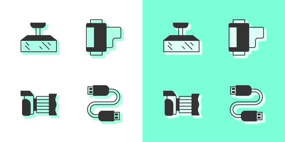 Set USB cable cord, Softbox light, Photo camera and Camera roll cartridge icon Stock Illustration