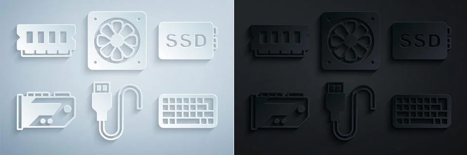 Set USB cable cord, SSD card, Video graphic, Keyboard, Computer cooler and RAM Stockillustratie