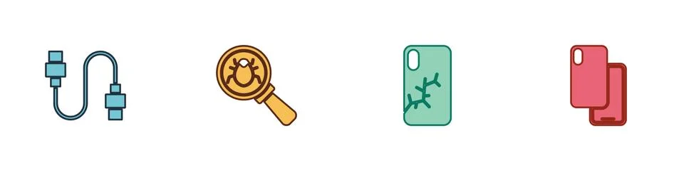 Set USB cable cord, System bug, Mobile with broken screen and Smartphone icon Illustrazione stock