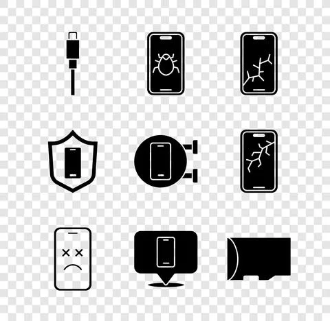 Set USB cable cord, System bug on mobile, Mobile with broken screen, Dead, Phone 스톡 일러스트