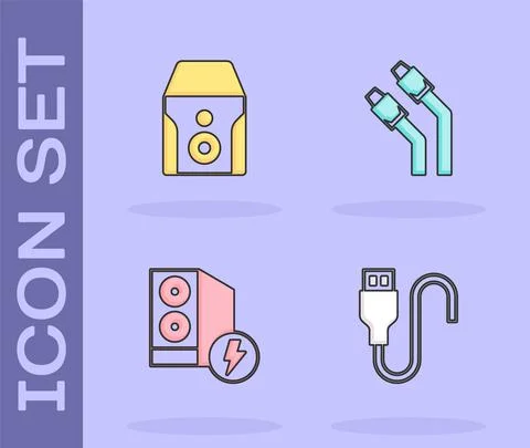 Set USB cable cord, Uninterruptible power supply, Case of computer and LAN Illustrazione stock