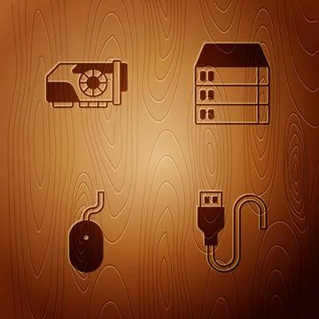 Set USB cable cord, Video graphic card, Computer mouse and Server, Data, Web Illustrazione stock