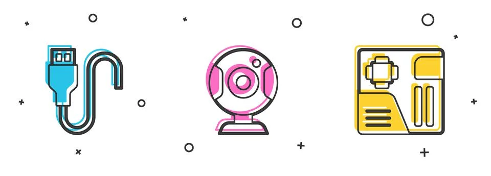 Set USB cable cord, Web camera and Motherboard digital chip icon. Vector Illustrazione stock