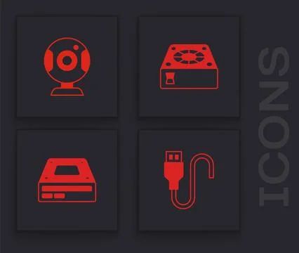 Set USB cable cord, Web camera, Computer cooler and Optical disc drive icon Stock Illustration