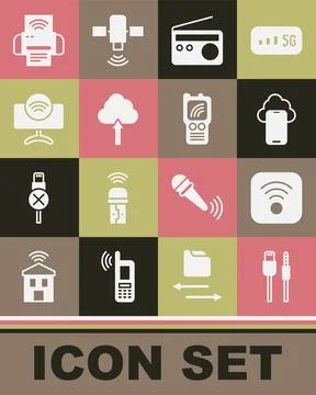 Set USB cable cord, Wi-Fi wireless internet, Cloud technology data, Radio, .. Stock Illustration