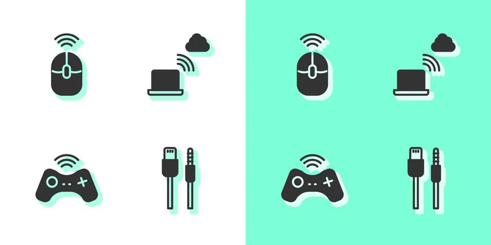 Set USB cable cord, Wireless computer mouse, gamepad and Network cloud Illustrazione stock