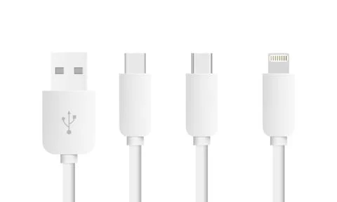 Set of USB Cable Lightning, Mini USB, Micro USB and USB type C interfaces. Stock Illustration