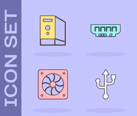 Set USB, Case of computer, Computer cooler and RAM, random access memory icon Stock Illustration