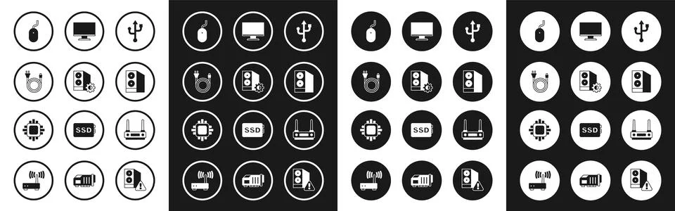 Set USB, Case of computer, Electric plug, Computer mouse, monitor screen, R.. Stock Illustration
