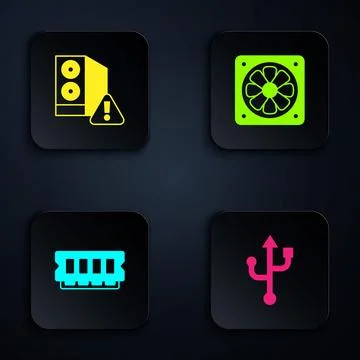 Set USB, Case of computer, RAM, random access memory and Computer cooler. Black Stockillustratie