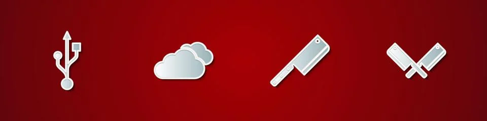 Set USB, Cloud, Meat chopper and Crossed meat icon. Vector Illustrazione stock