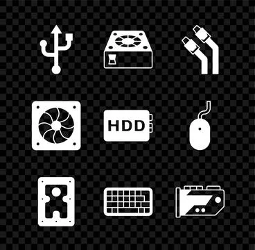 Set USB, Computer cooler, LAN cable network internet, Hard disk drive HDD, .. 库存插图