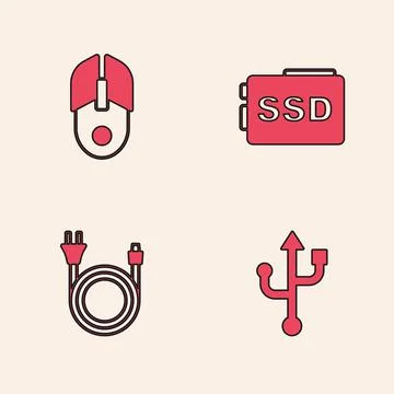 Set USB, Computer mouse, SSD card and Electric plug icon. Vector Stock Illustration