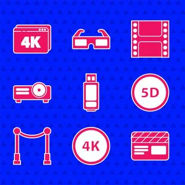 Set USB flash drive, 4k Ultra HD, Movie clapper, 5d virtual reality, Carpet with Illustrazione stock