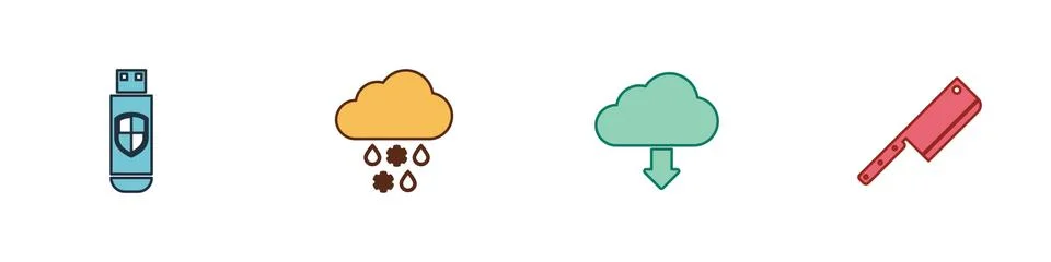 Set USB flash drive and shield, Cloud with snow rain, download and Meat chopper Stock Illustration