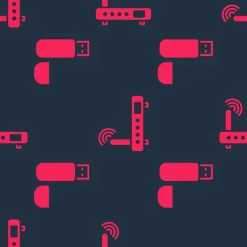 Set USB flash drive and Router and wi-fi signal on seamless pattern. Vector Stock Illustration