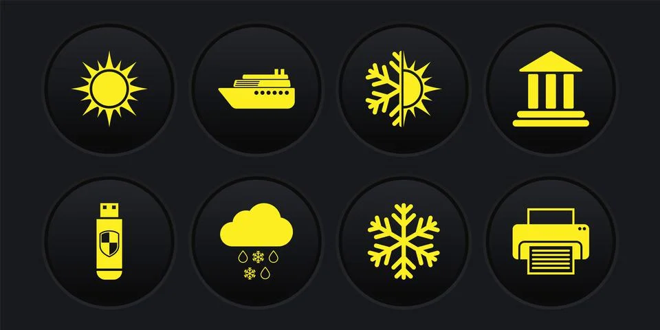 Set USB flash drive and shield, Bank building, Cloud with snow rain, Snowflake Ilustración de archivo