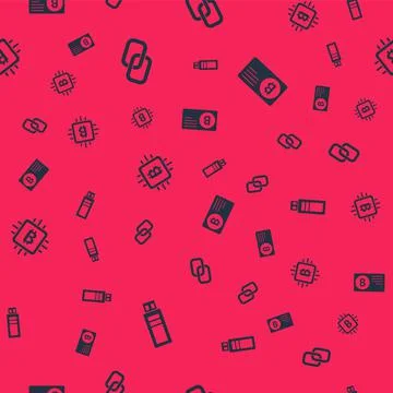 Set USB flash drive, Chain link, CPU mining farm and Credit card with bitcoin on Illustrazione stock