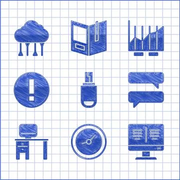 Set USB flash drive, Clock, Online book on monitor, Speech bubble chat, Computer Illustrazione stock