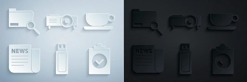 Set USB flash drive, Coffee cup flat, News, Completed task, Presentation, movie Stock Illustration
