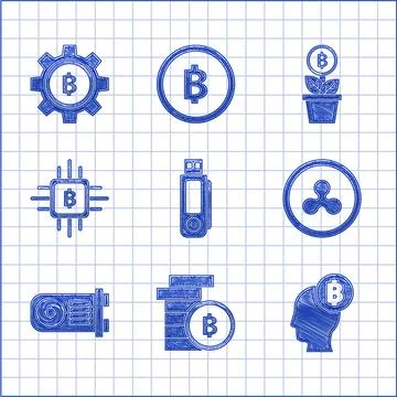 Set USB flash drive, Cryptocurrency coin Bitcoin, think, Ripple XRP, Mining farm Illustrazione stock