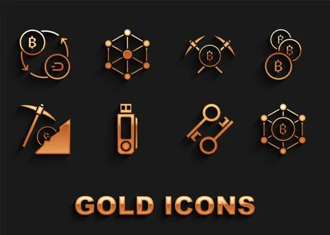 Set USB flash drive, Cryptocurrency coin Bitcoin, Blockchain technology, ke.. Stockillustratie
