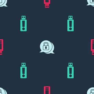 Set USB flash drive, Cyber security and on seamless pattern. Vector Stock Illustration