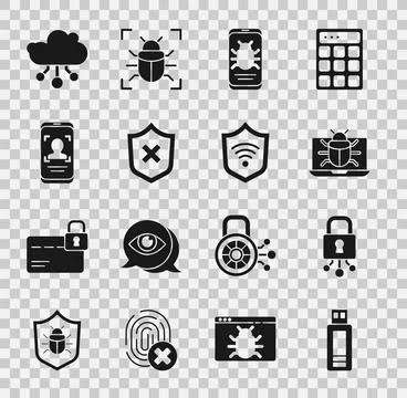 Set USB flash drive, Cyber security, System bug on monitor, mobile, Shield .. Stock Illustration