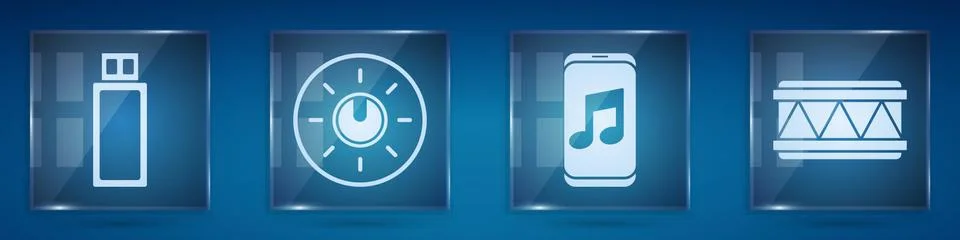 Set USB flash drive, Dial knob level technology settings, Music player and Drum Stock Illustration