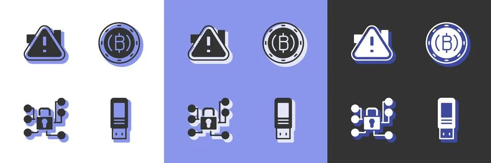 Set USB flash drive, Exclamation mark in triangle, Cyber security and Stock Illustration