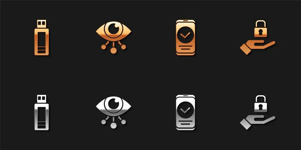 Set USB flash drive, Eye scan, Smartphone and Lock in hand icon. Vector Illustrazione stock