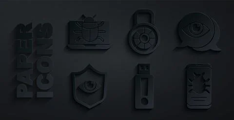 Set USB flash drive, Eye scan, Shield and eye, System bug on mobile, Safe com 스톡 일러스트