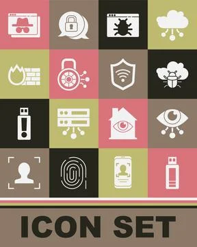 Set USB flash drive, Eye scan, System bug on cloud, Cyber security, Firewall, 스톡 일러스트