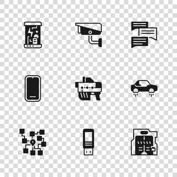 Set USB flash drive, Fantastic flying car, Futuristic sliding doors, weapon.. Stock Illustration