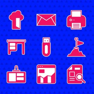 Set USB flash drive, Graph chart infographic, Document with, Mountains flag on Stock Illustration