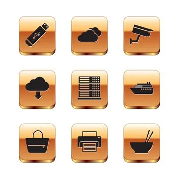 Set USB flash drive, Handbag, Printer, Server, Data, Web Hosting, Cloud download Illustrazione stock